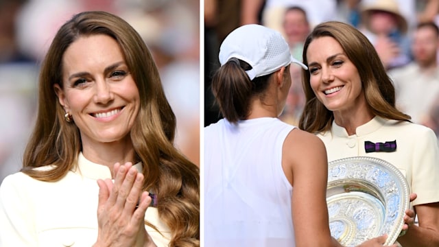 Composite image of Princess Kate clapping, and Princess Kate handing trophy to Iga Swiatek 