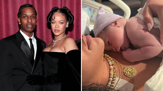 Split image of Rihanna and A$AP Rocky and another of her during her birth to first son RZA