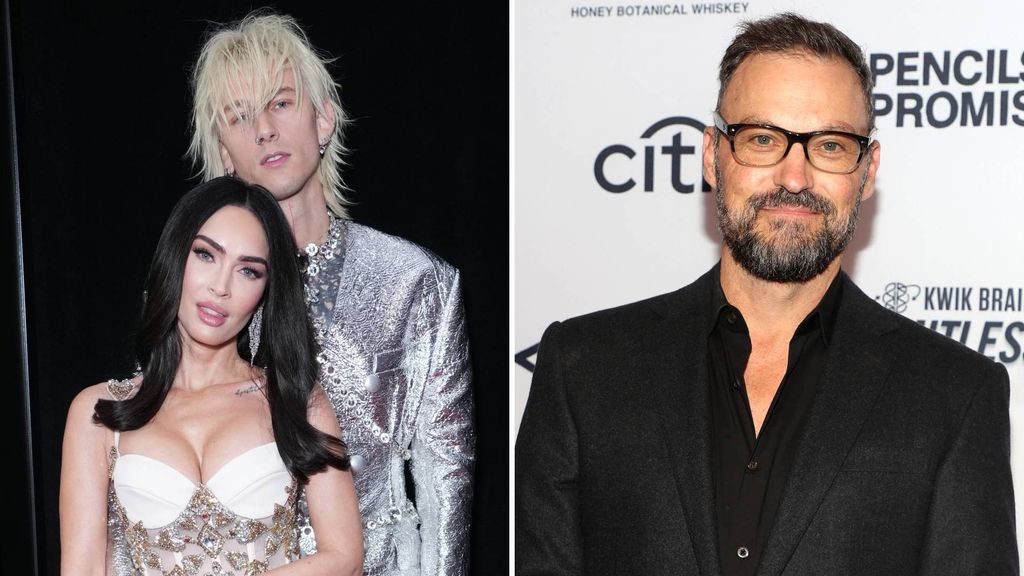 Split image of Megan Fox with Machine Gun Kelly, and Brian Austin Green