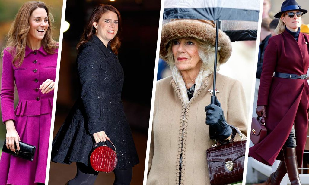 From left to right: Princess Kate, Princess Beatrice, Queen Camilla and Zara Tindall all carrying their Aspinal of London bags